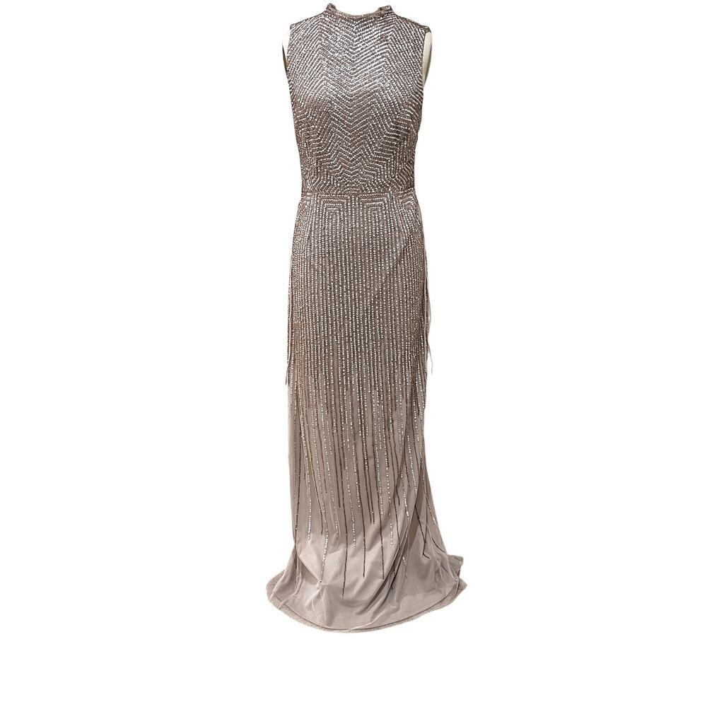 Adrianna Papell Dress Womens 12 Beige Sequin Beaded Mock Neck Long Formal Gown
